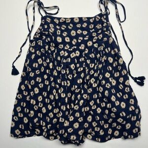 Free People Navy Ikat Print Tie-Shoulder Tassel Tank — Size Small